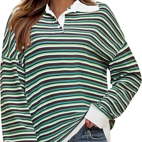 NENONA Women's Long Sleeve Oversized Shirt Stripe Button V Neck Lightweight Top - Picture 1 of 6